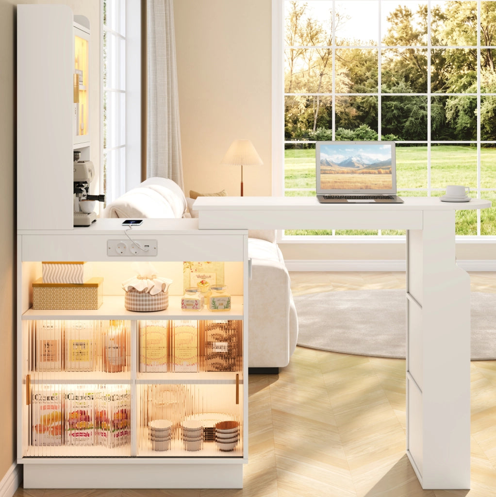 Tavolo bar estensibile con LED, prese e contenitori bianco