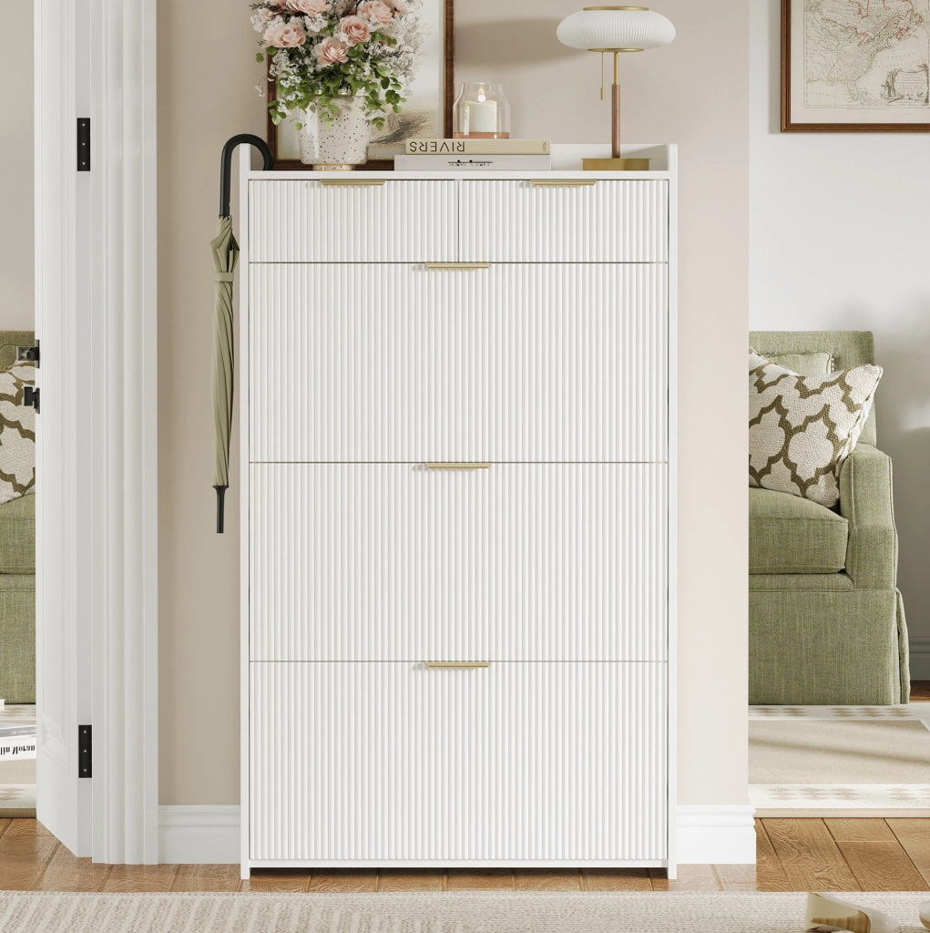 Scarpiera slim bianca con 3 vani a ribalta e 2 cassetti, 80 × 25 × 135 cm