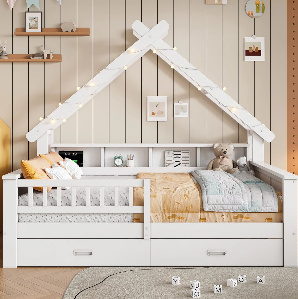 LETTO a casetta 140x200 cm bianco con LED, ripiani, 2 cassetti e sponda