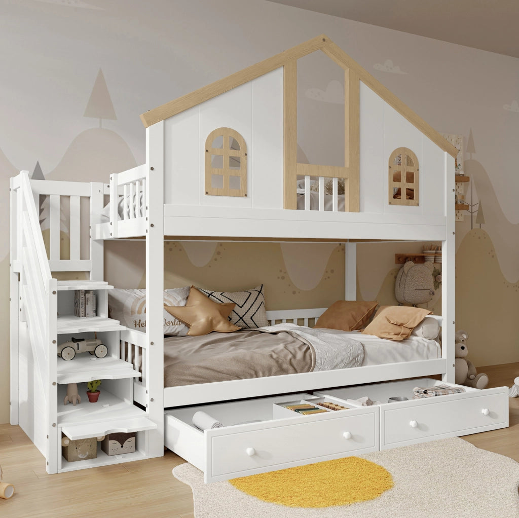 Letto a castello bambini 90x200 cm con scala contenitore