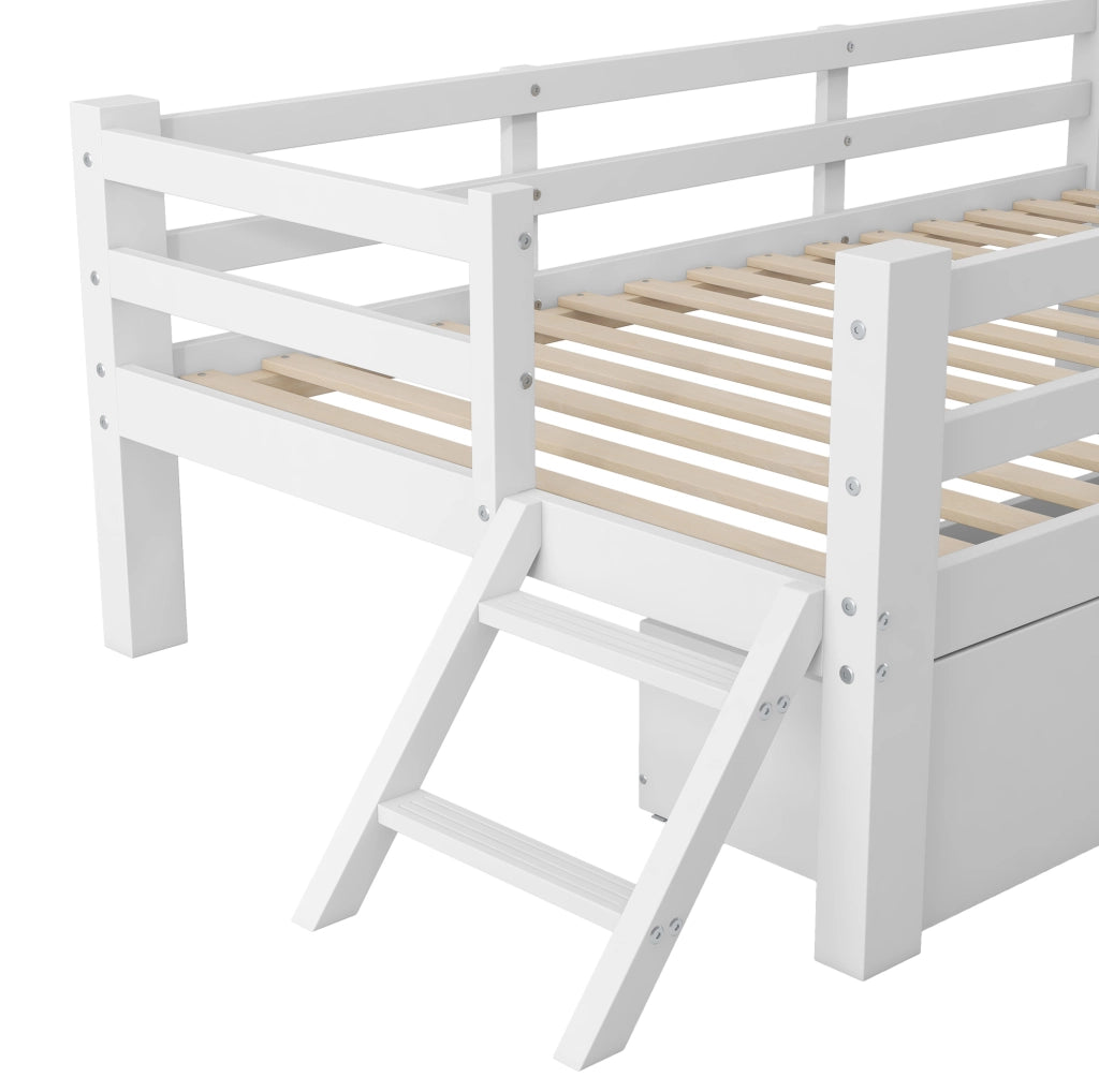 Letto singolo per bambini 90x200 cm con sponde e 2 cassetti in MDF e compensato bianco