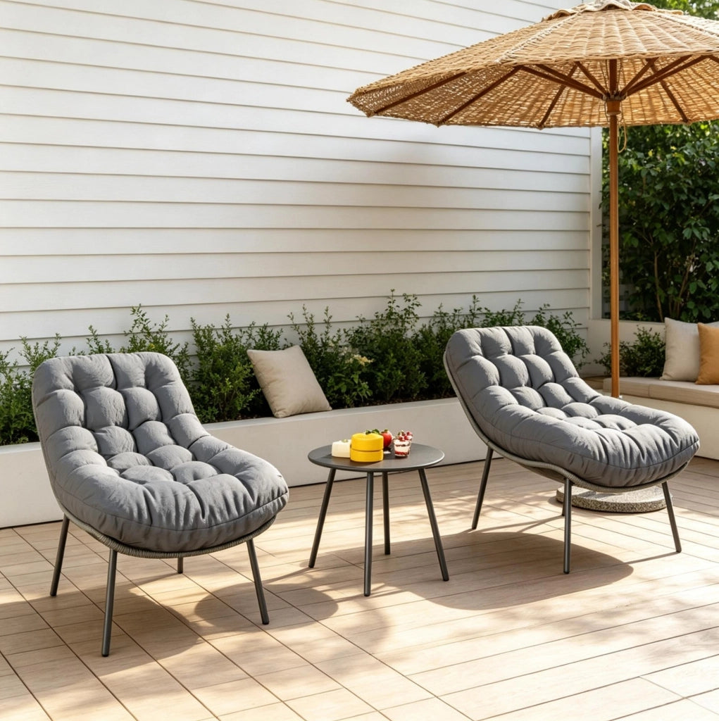 Set da giardino 2 posti grigio in acciaio e resina intrecciata; cuscini 15 cm