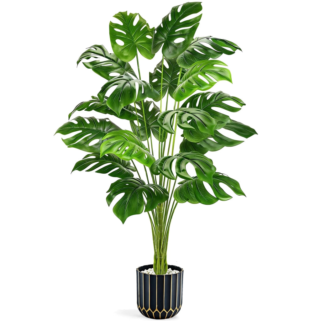 Pianta artificiale Monstera, altezza 112 cm, realizzata in plastica, con vaso nero e dorato