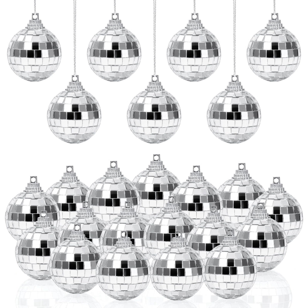 24 mini sfere disco, diametro 4 cm, color argento, da appendere, per decorazioni