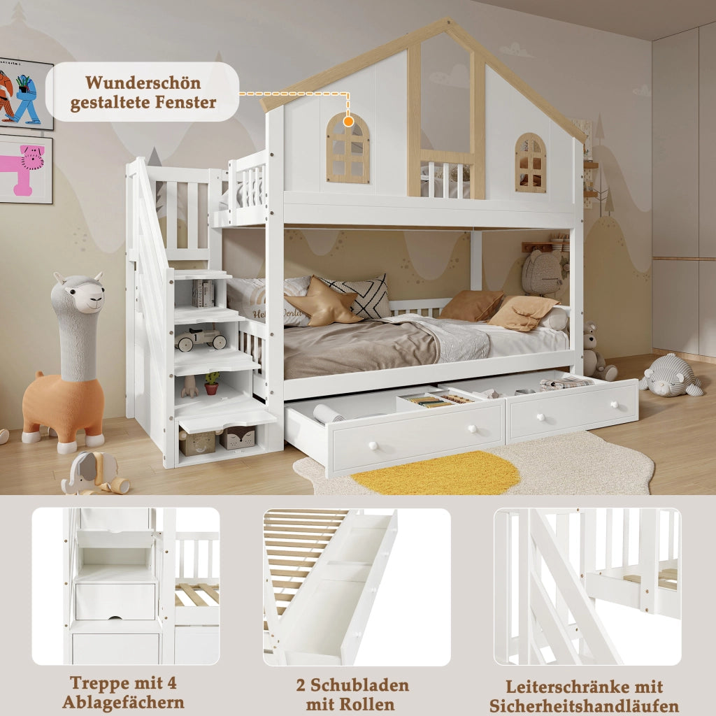 Letto a castello bambini 90x200 cm con scala contenitore