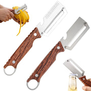 Pelapatate e apriscatole 2-in-1, con manico in legno e lama in acciaio inossidabile