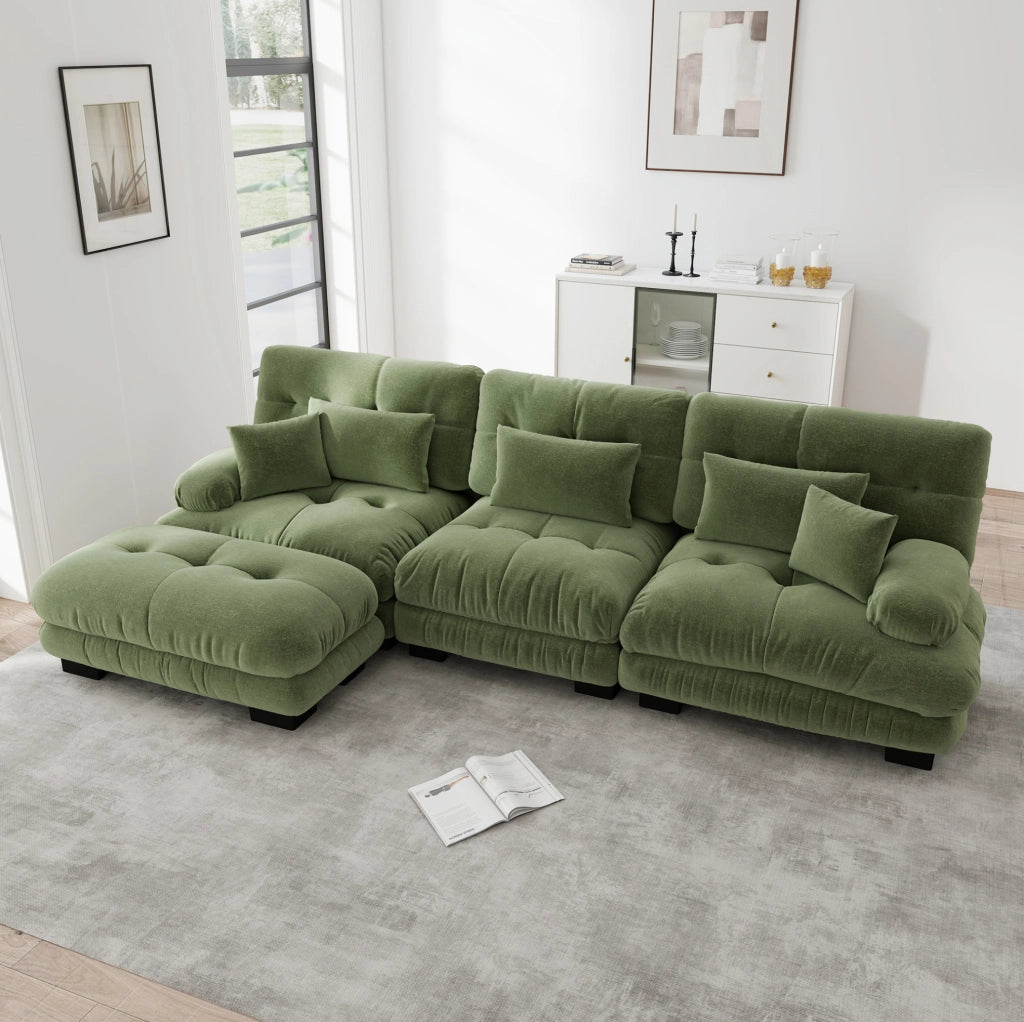 DIVANO Modulare in ciniglia verde con pouf mobili