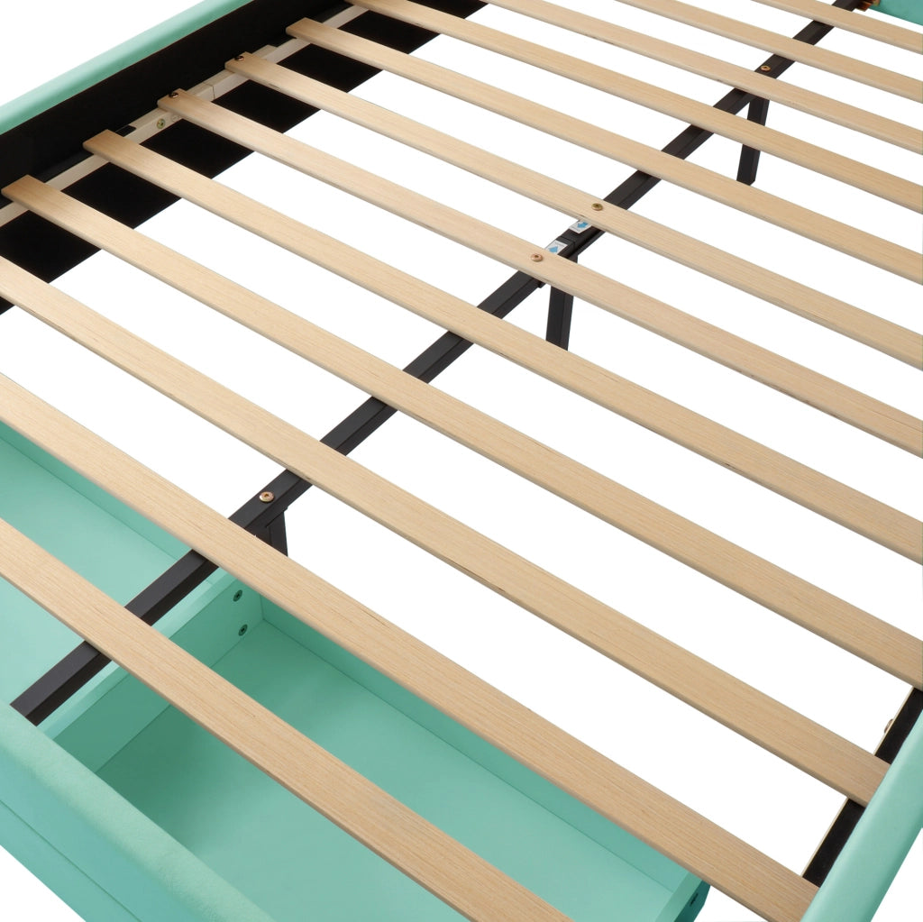 Letto per bambini imbottito 140 x 200 cm blu e verde con scivolo e contenitore