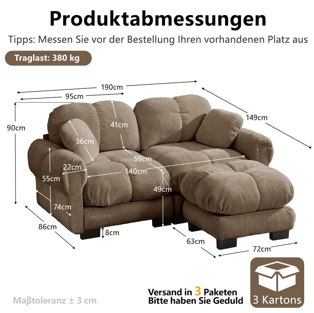 Divano modulare a 2 posti in ciniglia marrone con pouf mobile