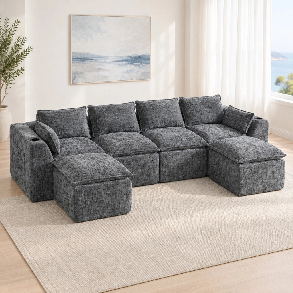Divano modulare in ciniglia grigio scuro 322 × 161 × 75 cm