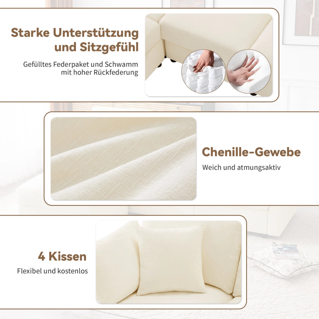 Divano 3 posti in ciniglia beige con pouf e braccioli regolabili