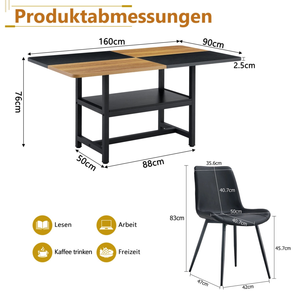 TAVOLO da pranzo 160 cm con 4 sedie, MDF e metallo, marrone e nero, set da 5 pezzi