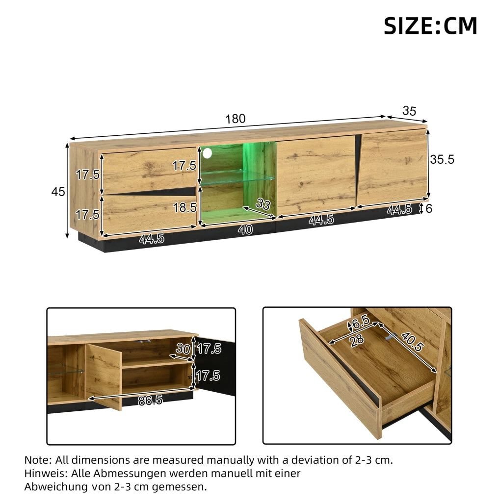 Mobile TV 180 × 35 × 45 cm in MDF con LED, 2 cassetti e 2 ante