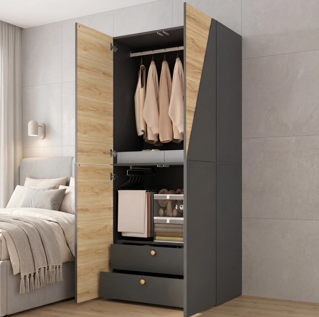 Armadio 90 x 50 x 200 cm con appendiabiti, portapantaloni e 2 cassetti