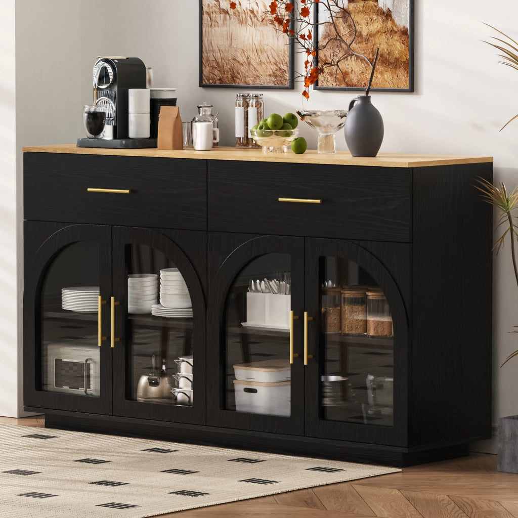 Credenza da cucina con LED, 2 cassetti e 4 ante, nero e naturale