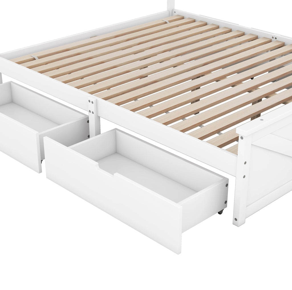 Letto matrimoniale 160x200 cm con 4 cassetti e testiera in pino e MDF bianco
