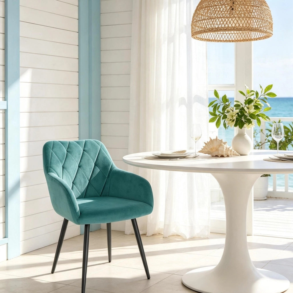 Sedia da pranzo in velluto blu ottanio con braccioli