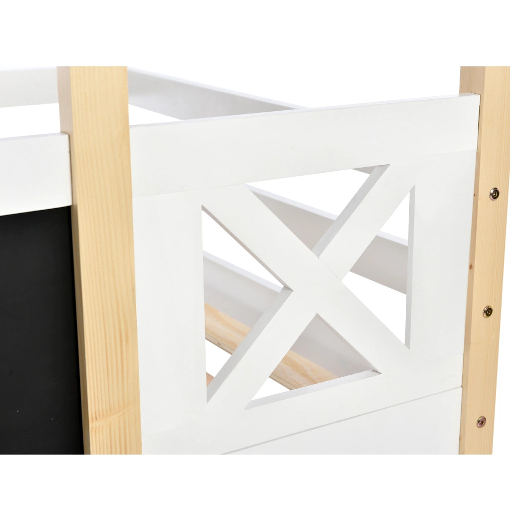 Letto a castello per bambini 90x200 cm con scala, tetto e rete a doghe in legno bianco per cameretta, senza materasso