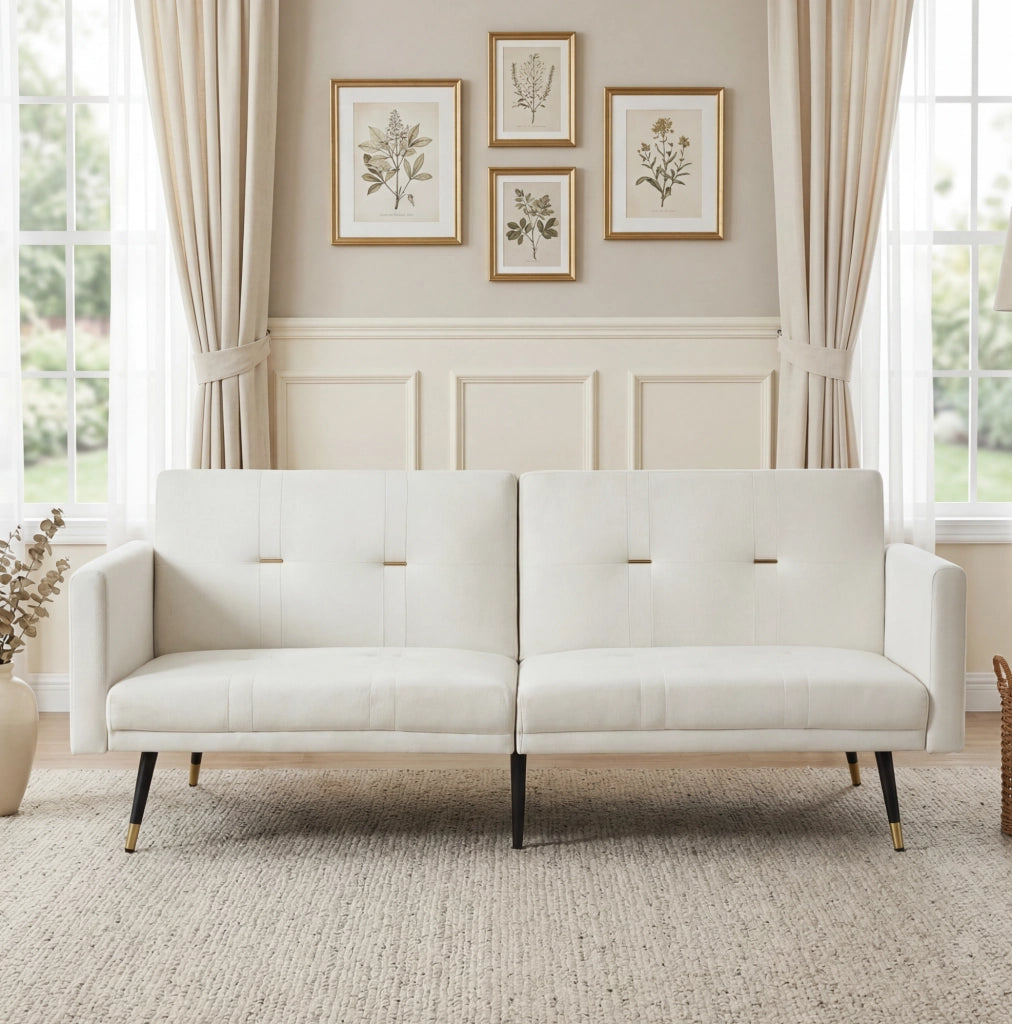 Divano letto 2 posti in velluto beige, schienali regolabili