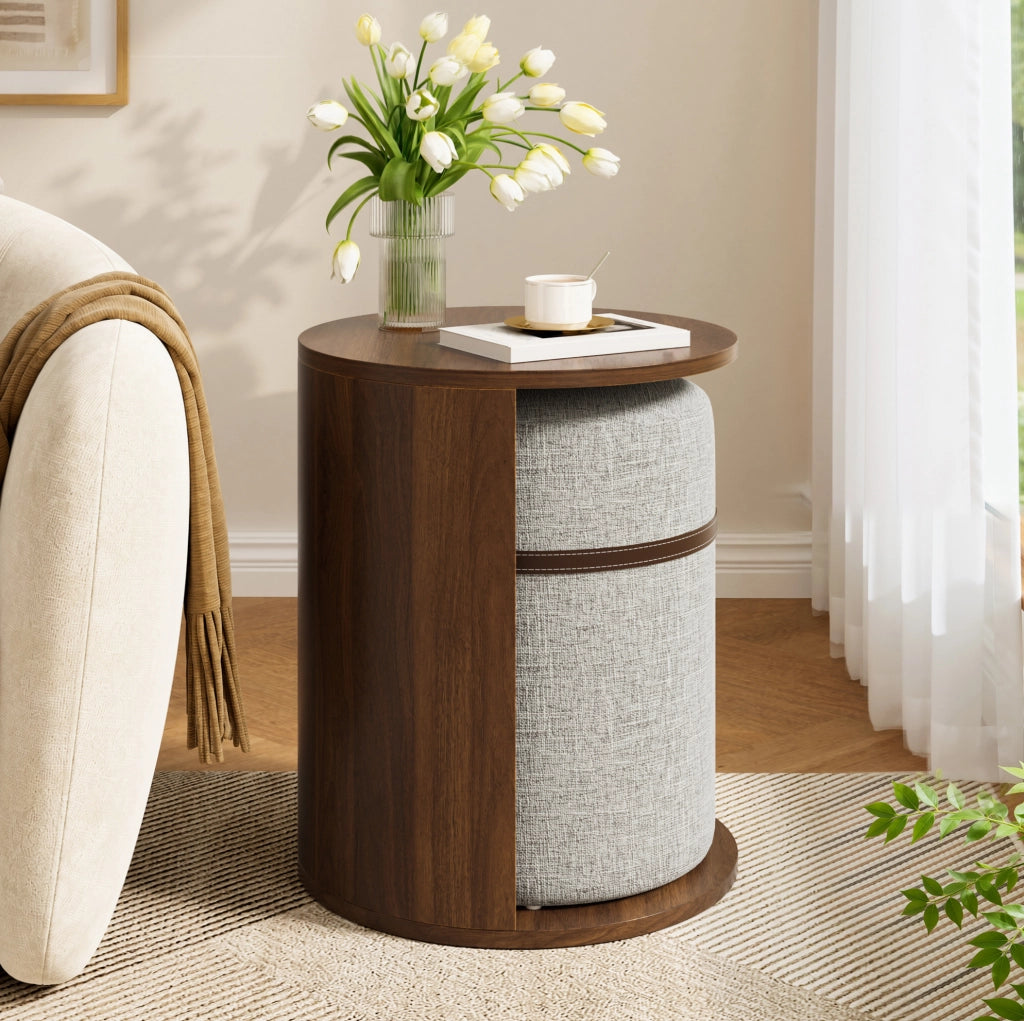 Set tavolino rotondo con pouf integrato 38x38x47;5 cm in MDF e pino; noce