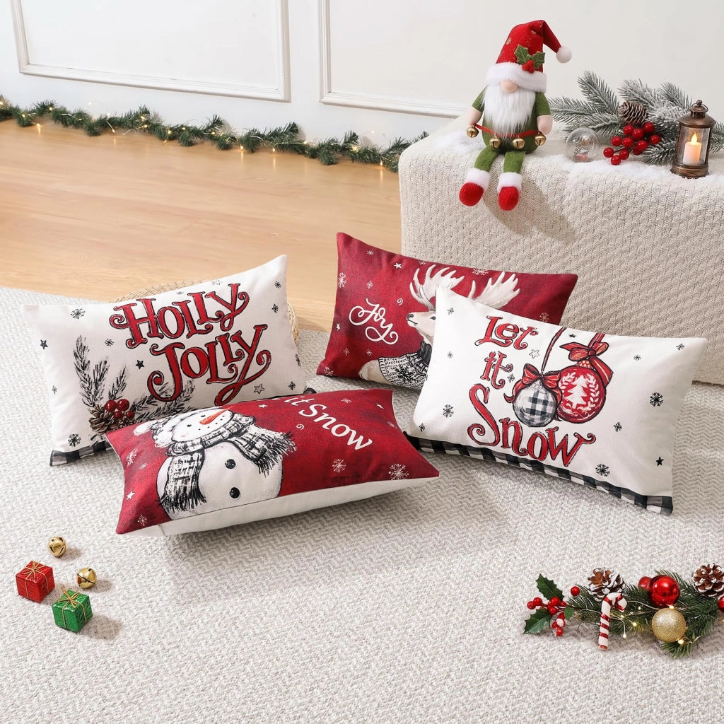 Set di 4 federe natalizie, 30x50 cm, in poliestere e cotone