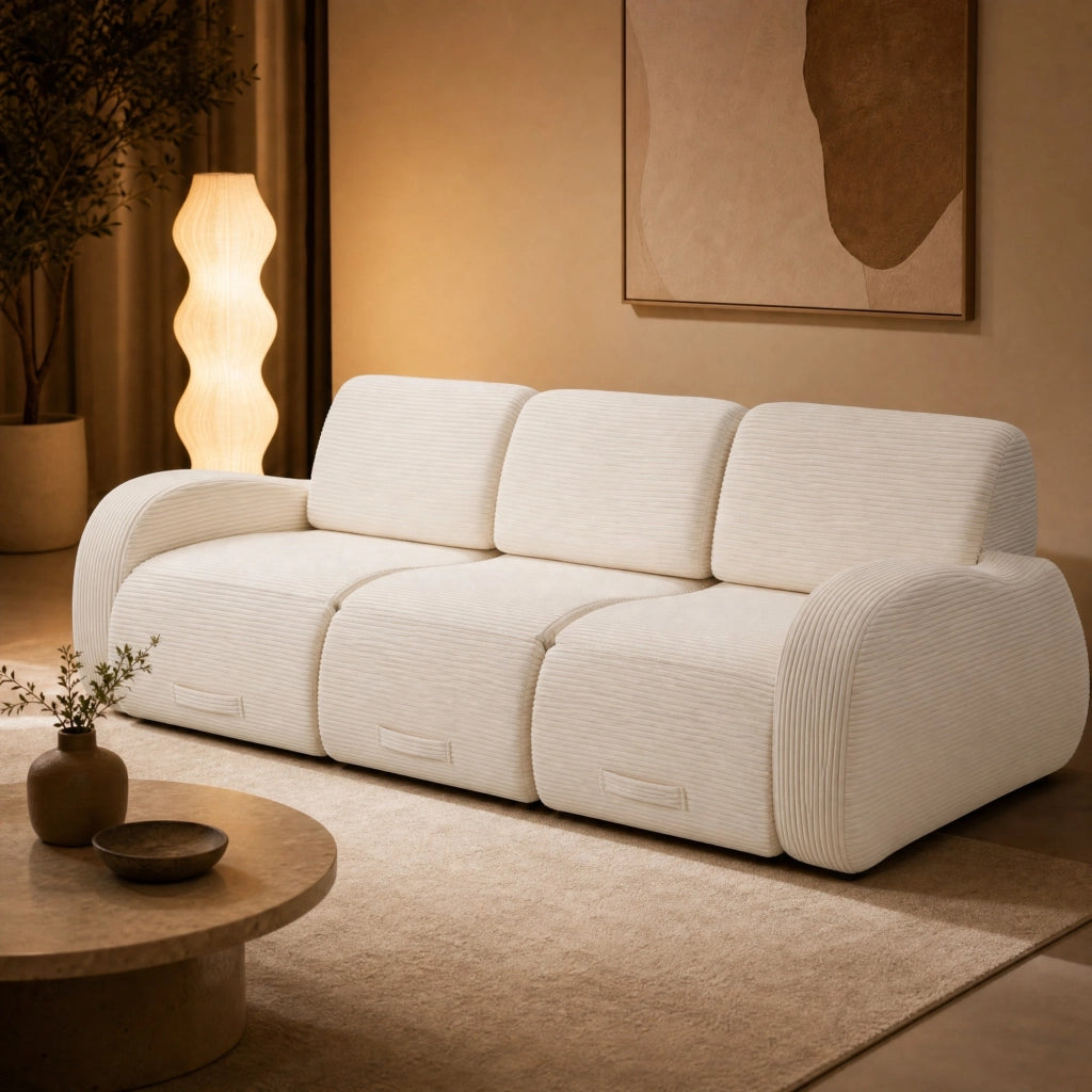 DIVANO Modulare trasformabile in letto, 3 moduli, velluto a coste beige
