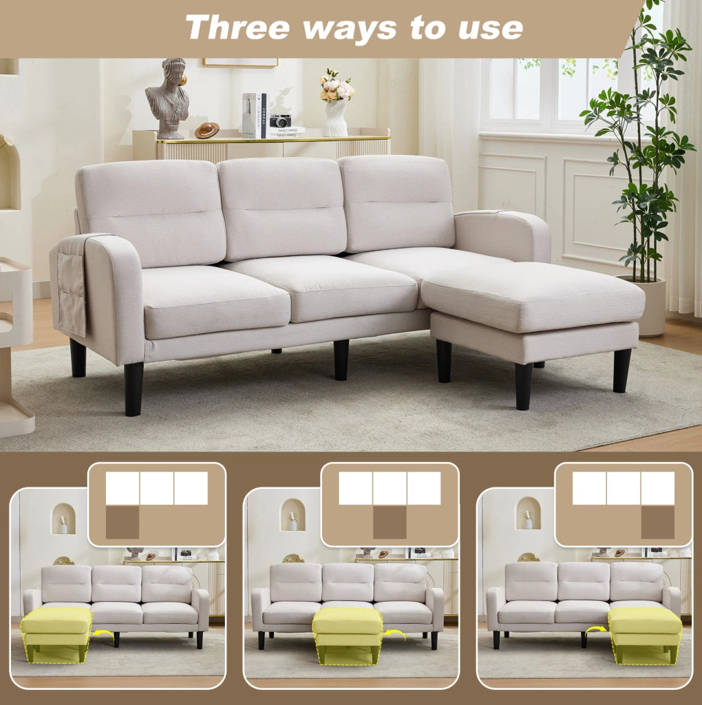 Divano angolare modulare 3 posti con chaise longue e tasche laterali; beige
