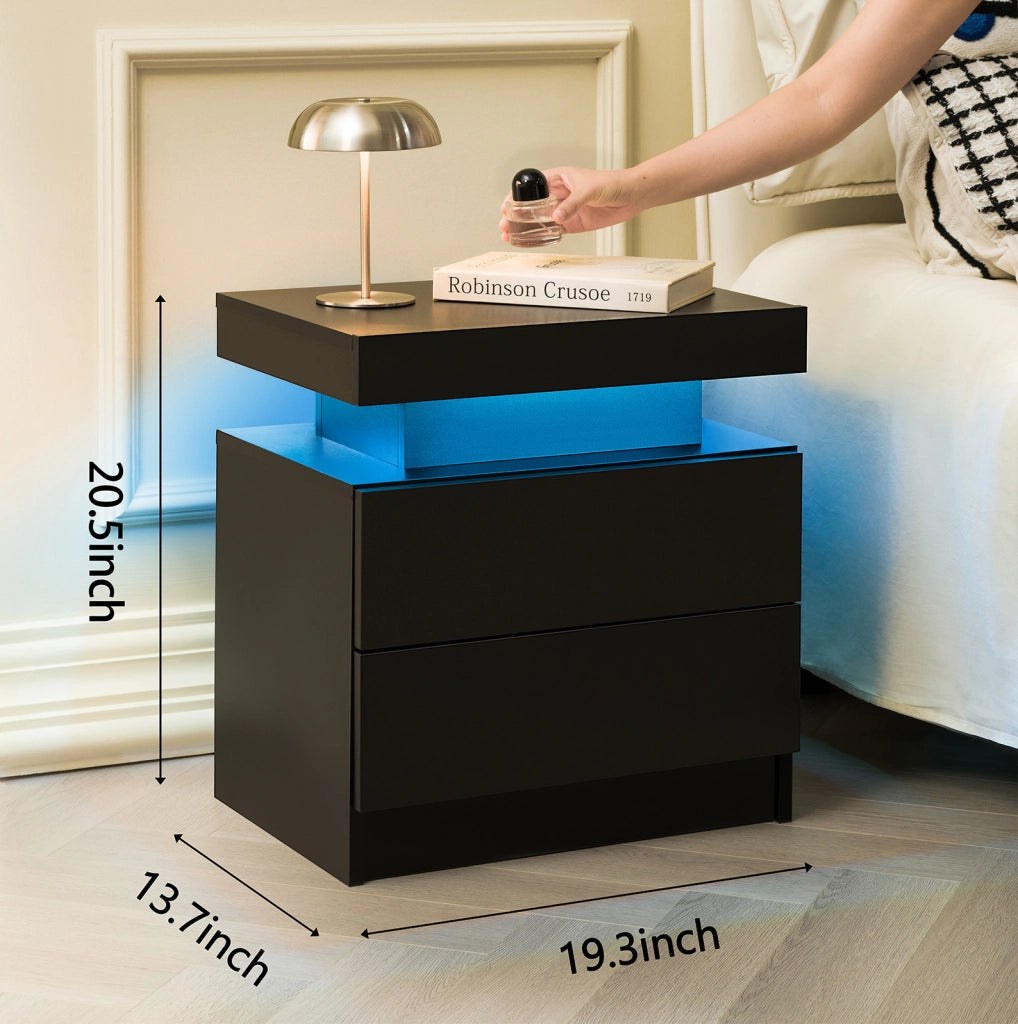 Comodino nero con luci LED regolabili e 2 cassetti