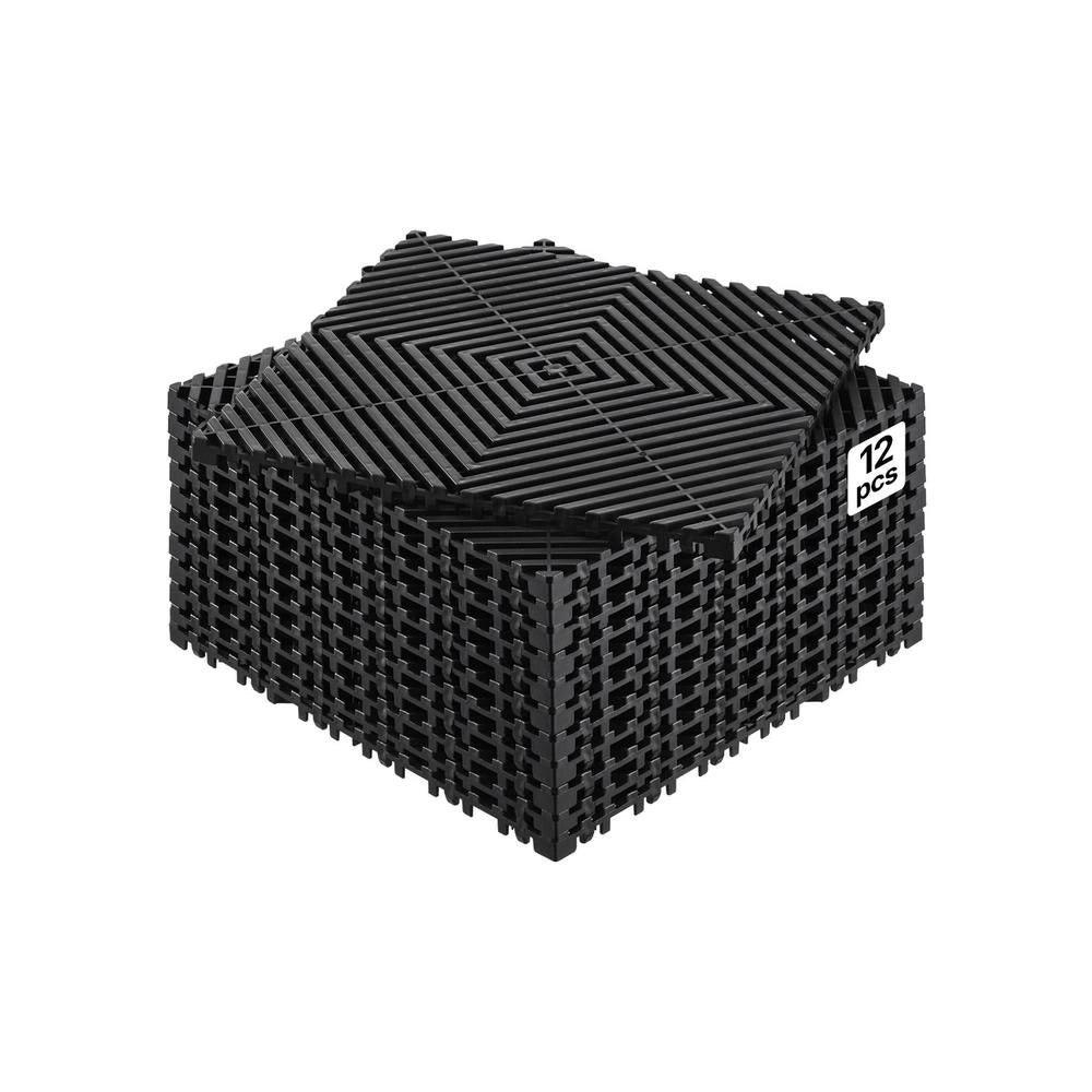 Set 12 Pezzi Piastrelle Drenanti ad Incastro 310 x 310 mm in PP Nero Tappetino Modulare Antiscivolo per Garage Doccia ed Esterno
