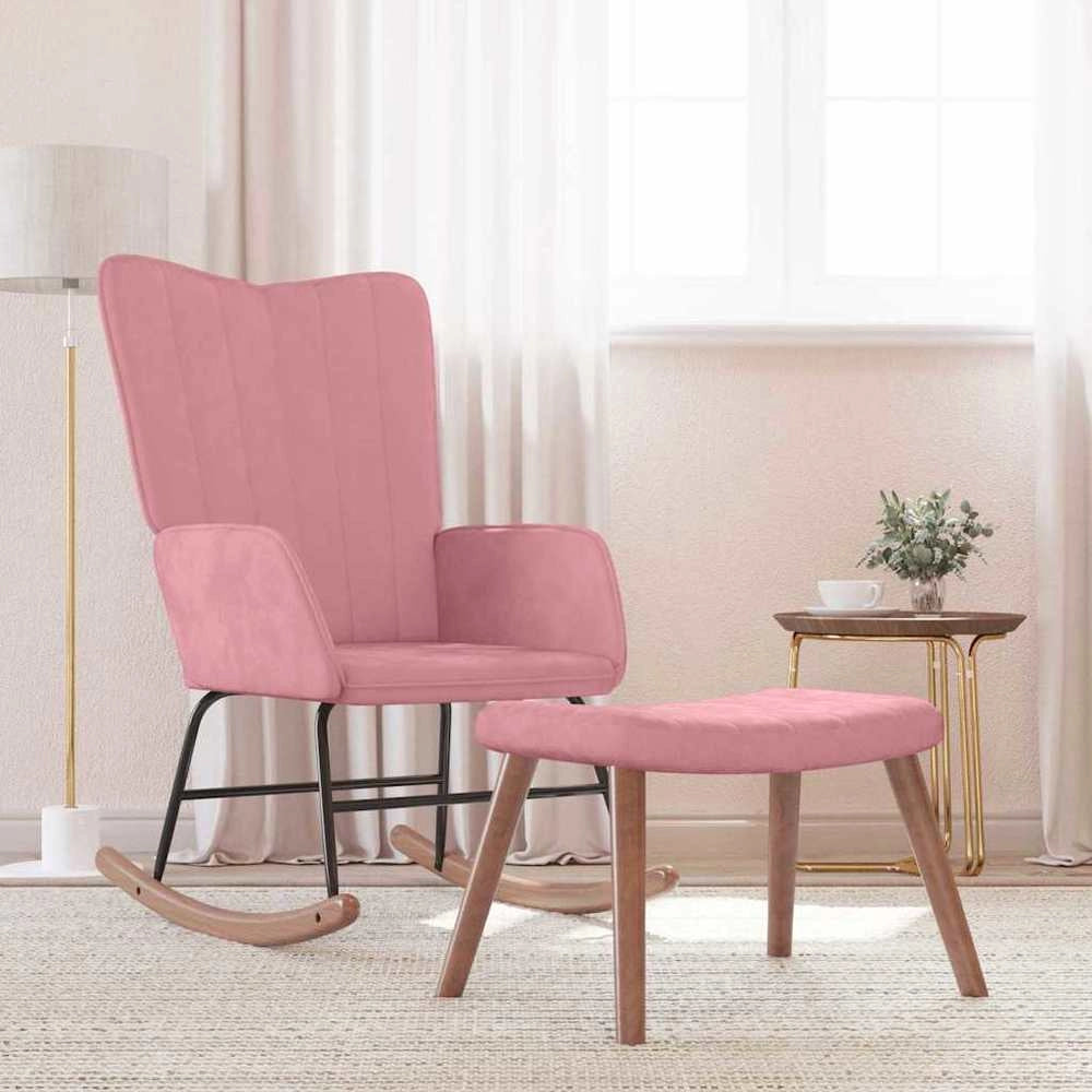 Poltrona a Dondolo con Poggiapiedi Rosa in Velluto