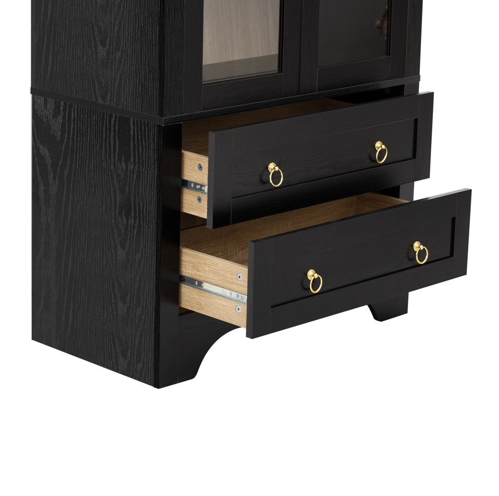Credenza alta nera con ante in vetro e ripiani regolabili