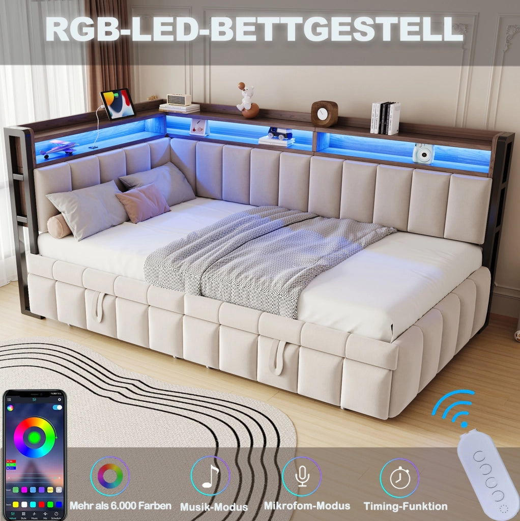 Divano letto estraibile 90x200 beige con LED, USB e Type-C