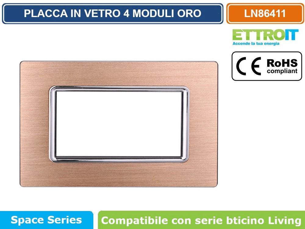 ETTROIT PLACCA IN ALLUMINIO COLORE ORO COMPATIBILE CON SERIE BTICINO LIVING LN86 - Numero Moduli:3 Moduli