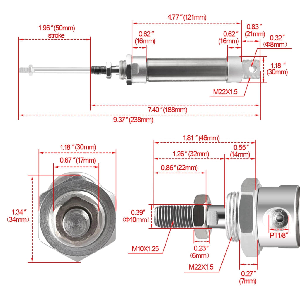Cilindro pneumatico MA 25×75, con diametro del foro di 25 mm e corsa di 75 mm, a doppio effetto