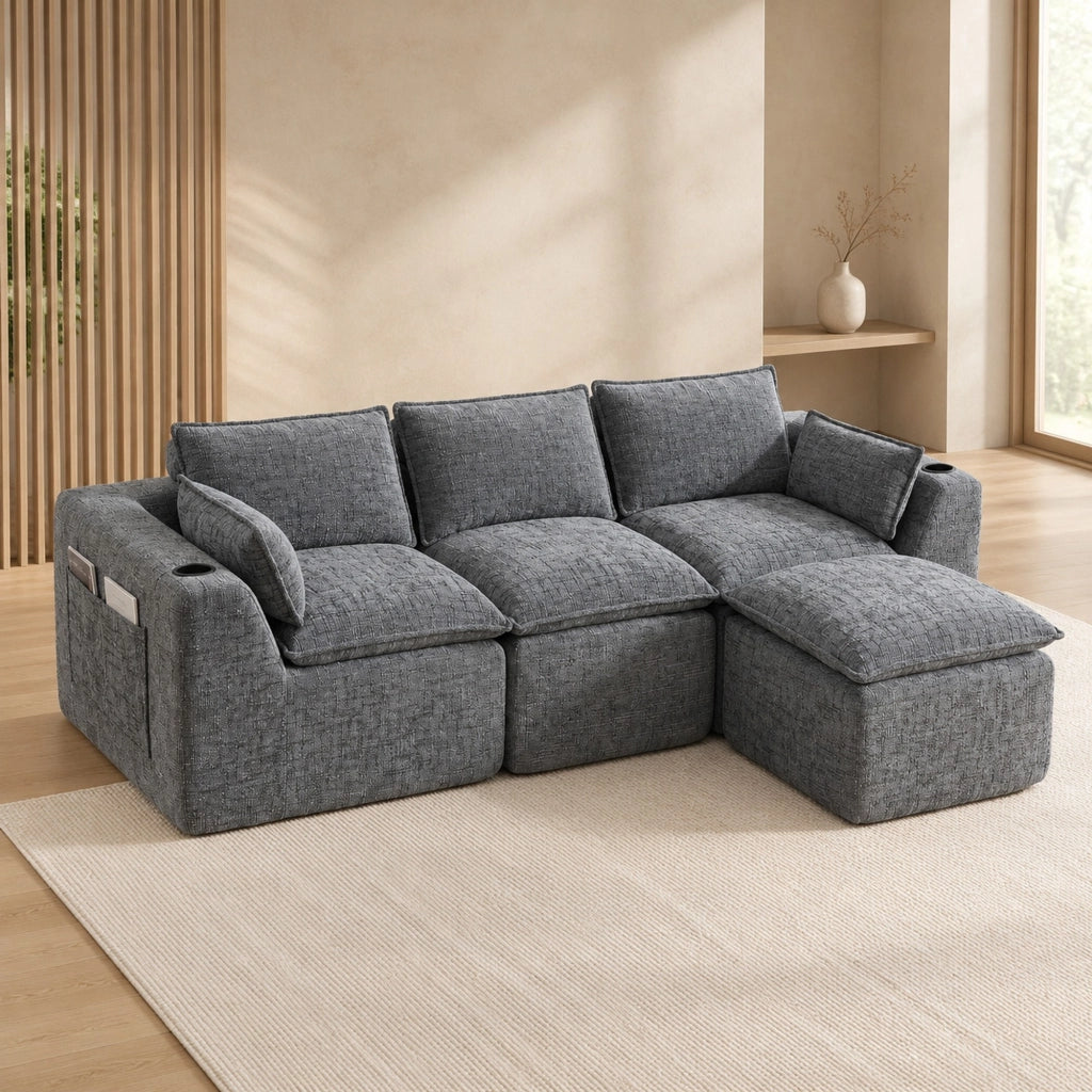 Divano modulare in ciniglia grigio scuro con pouf e cuscini