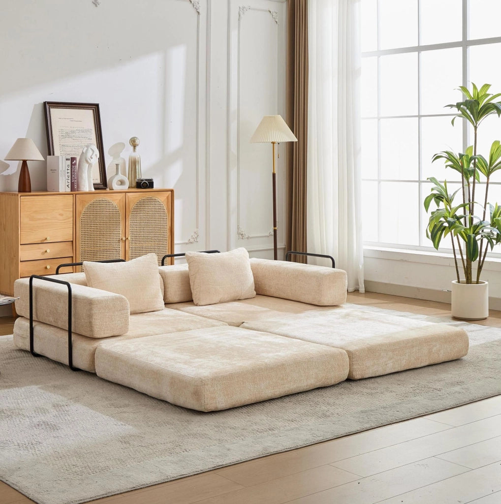 Divano letto modulare pieghevole in ciniglia beige, senza montaggio