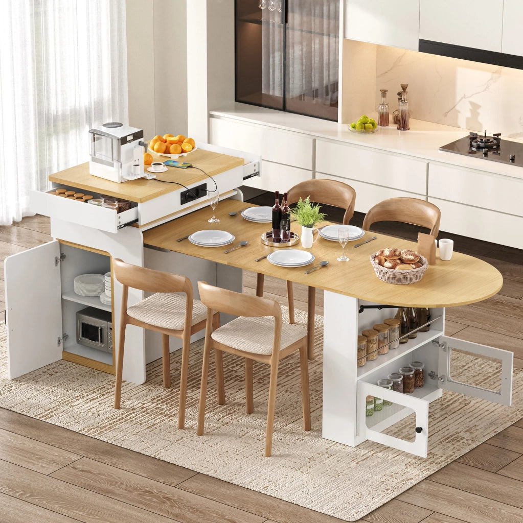 Isola da cucina allungabile bianca con contenitori, LED e prese USB e USB-C