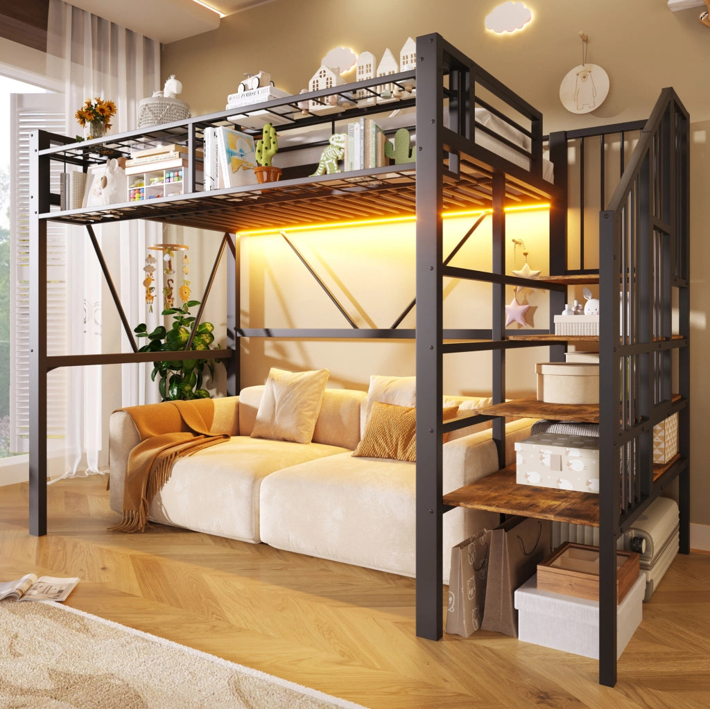 Letto a soppalco 90 × 200 cm con scala a ripiani; LED regolabile; metallo e MDF; nero