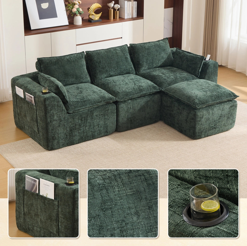 Divano modulare in ciniglia verde con pouf e cuscini