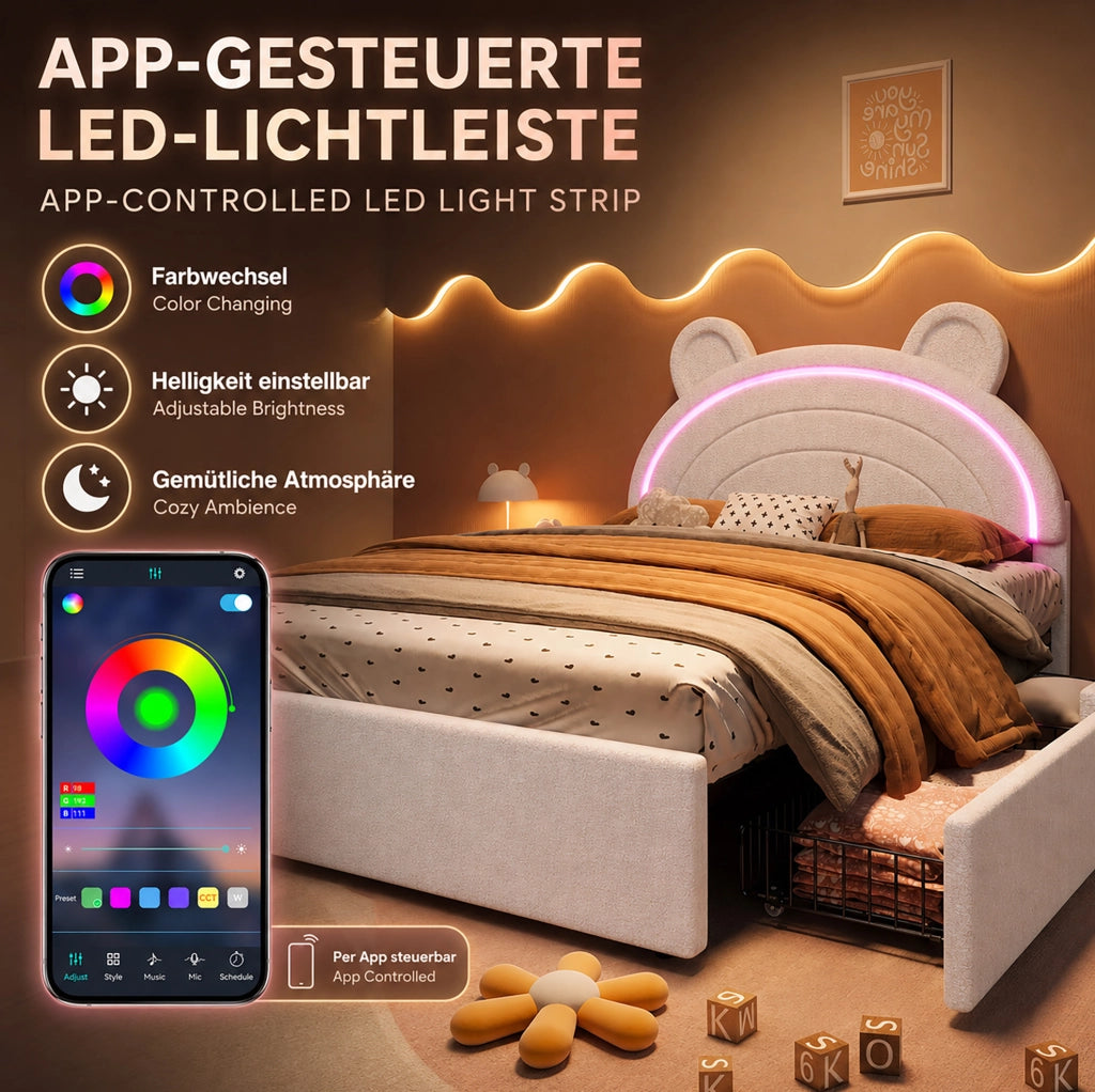 Letto imbottito per bambini 140 x 200 cm beige con 4 cassetti e LED
