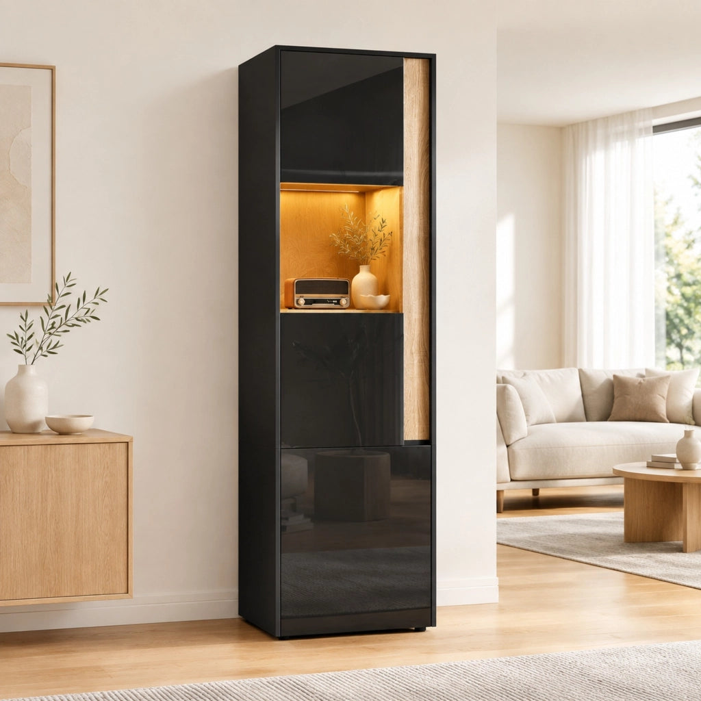 Mobile alto con illuminazione LED e 2 ante, nero e naturale