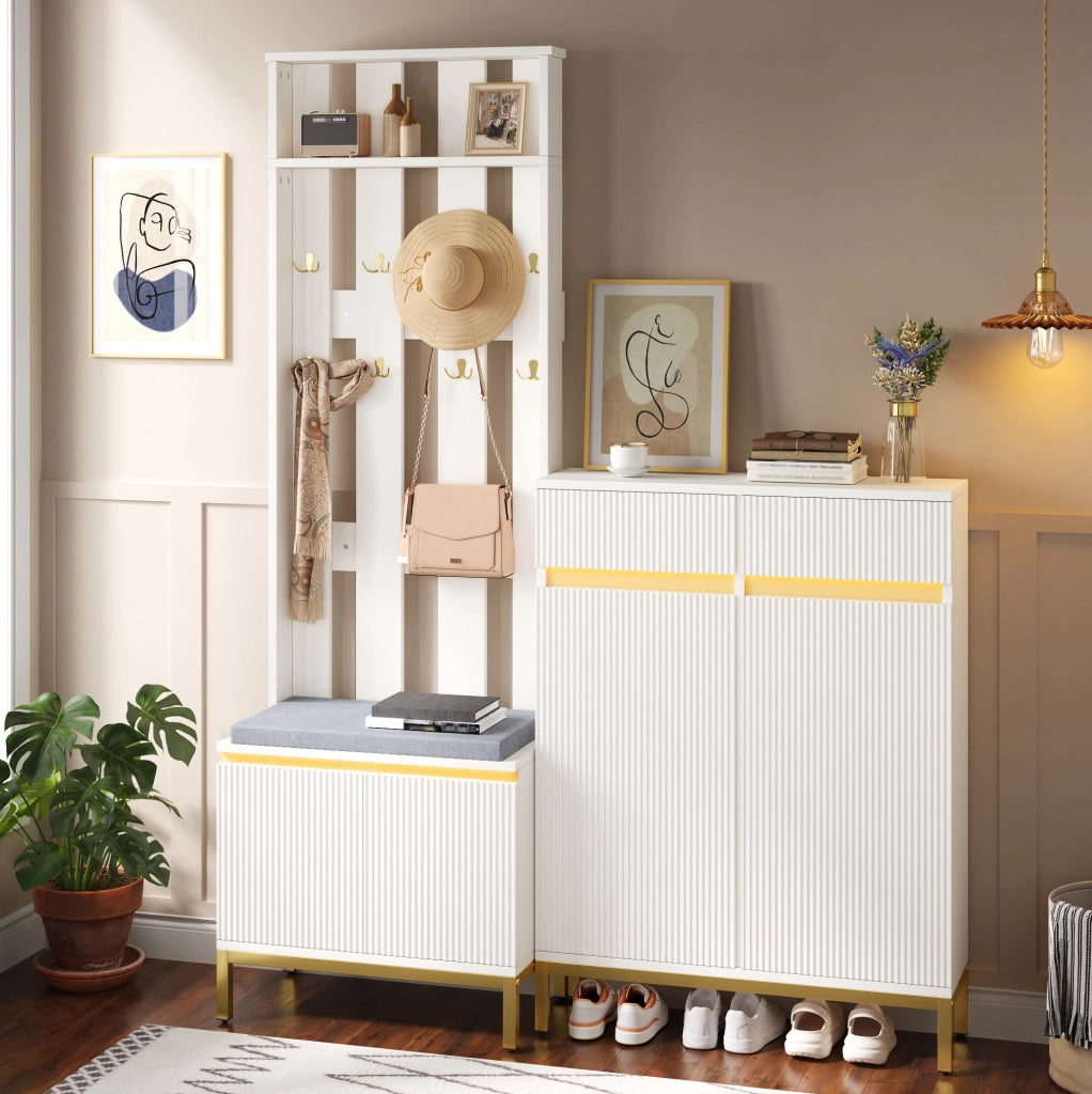 Mobile da ingresso bianco con scarpiera, panca, ganci e luci integrate
