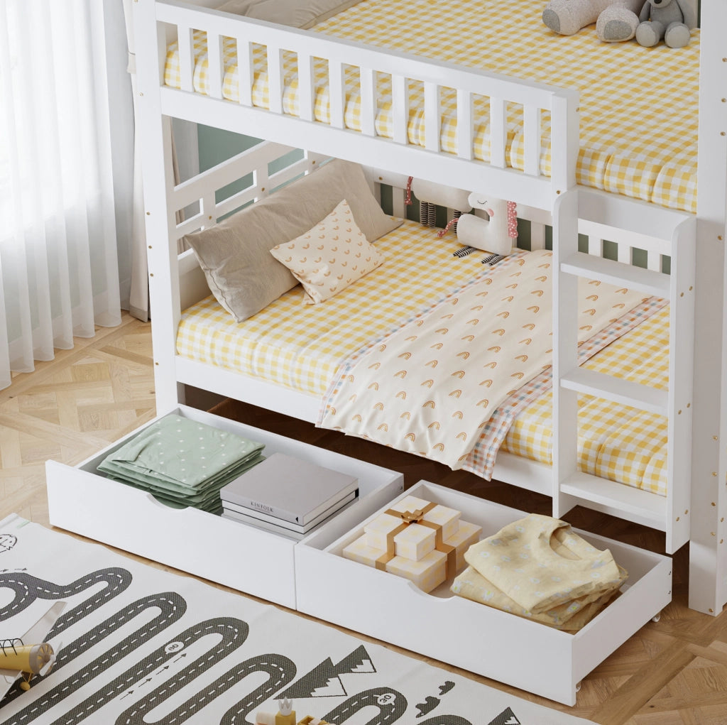 Letto a castello a casetta 90 x 200 cm bianco con 2 cassetti, vani laterali e scala