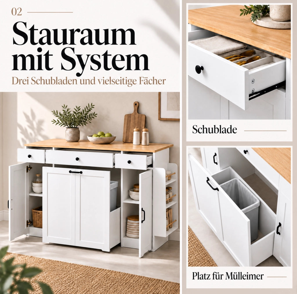 Credenza da cucina bianca con 3 cassetti e 2 ante