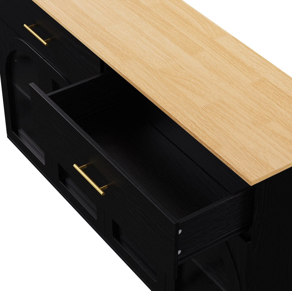 Credenza da cucina con LED, 2 cassetti e 4 ante, nero e naturale