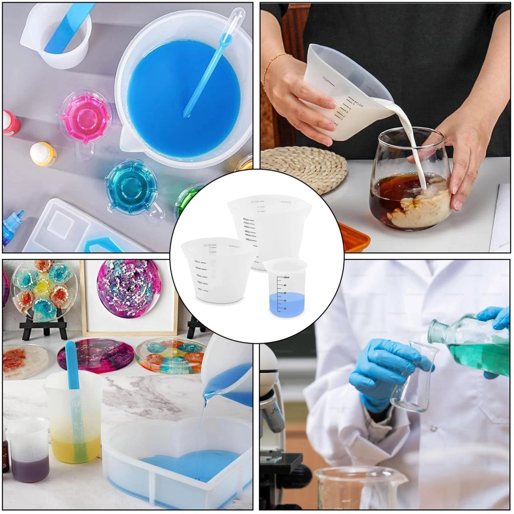 Set di misurini in silicone, 3 pezzi, capacità 100/250/500 ml, trasparenti