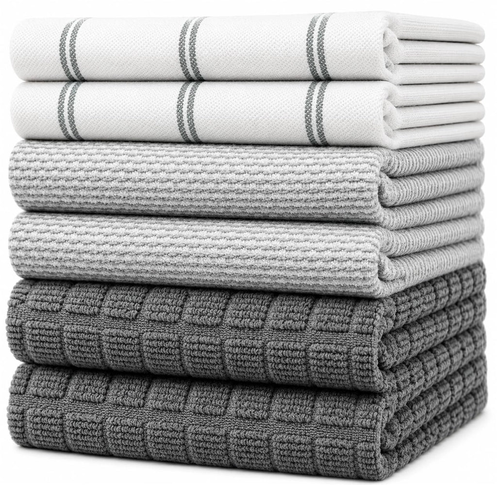 Set di 6 strofinacci da cucina, 50x70 cm, in cotone, grigi, con occhiello per appendere