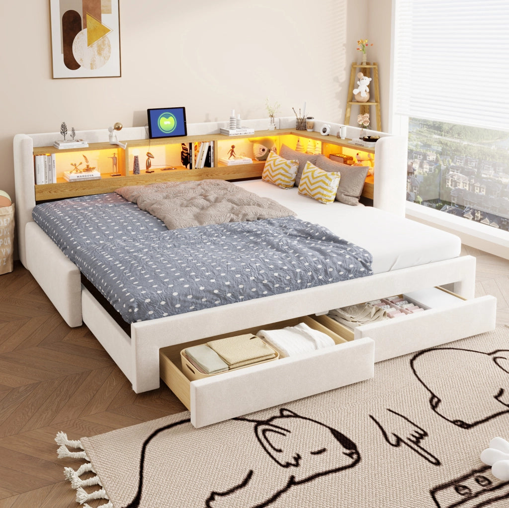 Divano letto estraibile 90x200 cm con LED, prese e cassetti