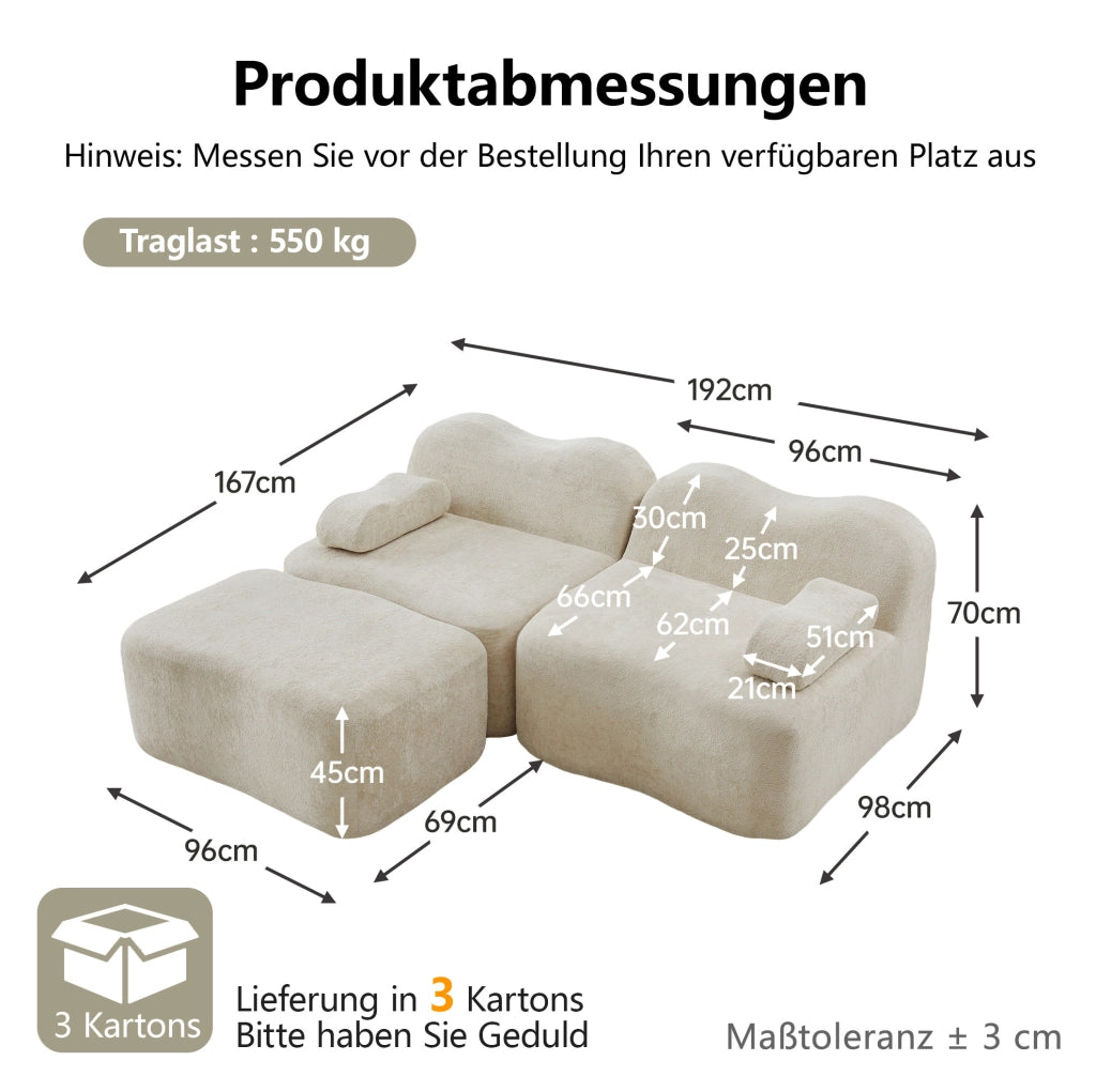 Divano angolare modulare in velluto beige con pouf, 192 cm