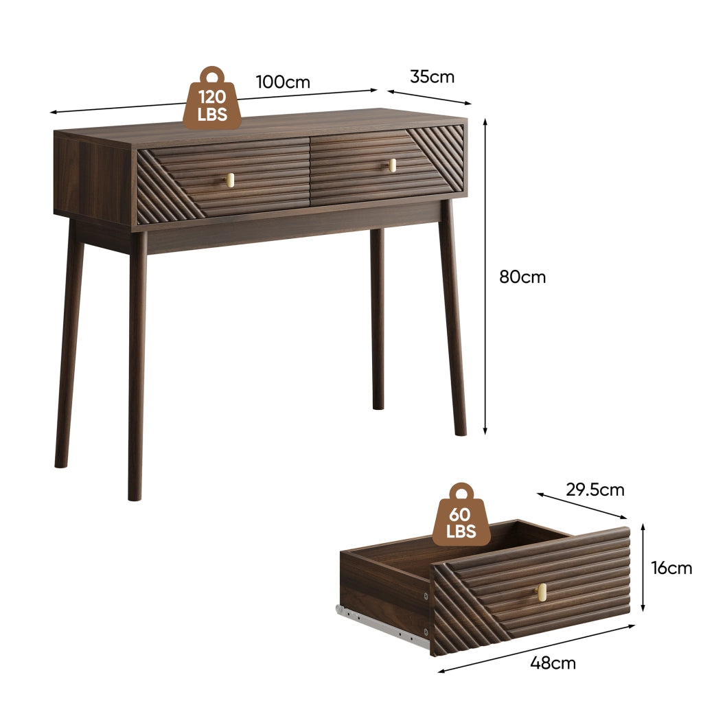 Consolle color noce con due cassetti e gambe in pino
